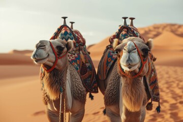 Two camels with ornamental saddles standing near camera while traveling with caravan in desert