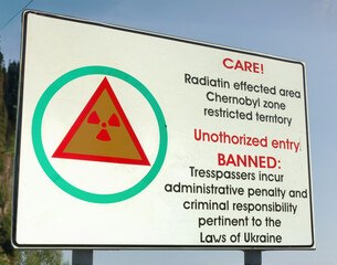 Signs placed at the beginning of the exclusion zone in the city of Pripyat (Ukraine), famous for...