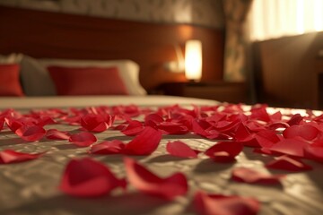 Naklejka na ściany i meble Red and pink rose petals on the bed in the hotel rooms