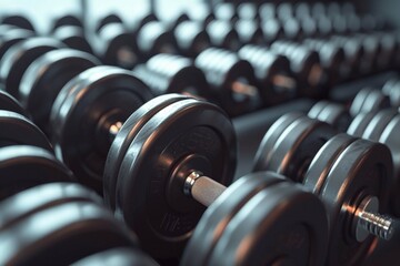 Rows of dumbbells with heavy plates. Sports equipment. 3d render - obrazy, fototapety, plakaty