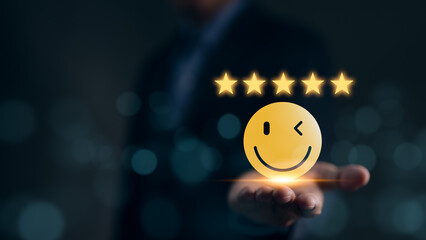 Customer review satisfaction feedback survey concept. Best Excellent Services Rating for Satisfaction present by Hand of Client Showing smile face with excellent rating Five Star. Customer experience, - obrazy, fototapety, plakaty