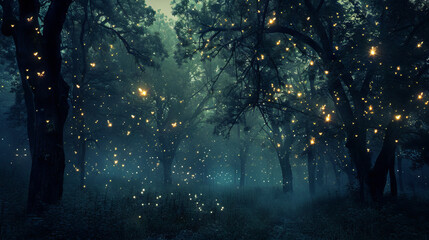 A magical and mystical forest illuminated by glowing lights at night - obrazy, fototapety, plakaty