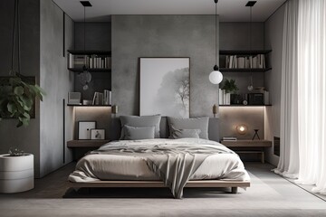 Gray walls, a concrete floor, a bookcase, the master bed, and two round bedside tables make up this contemporary bedroom's décor. Idea of a hotel holiday