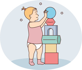 Girl toddler playing with colorful blocks at home. Happy child have fun build tower with bricks engaged in playful activity.