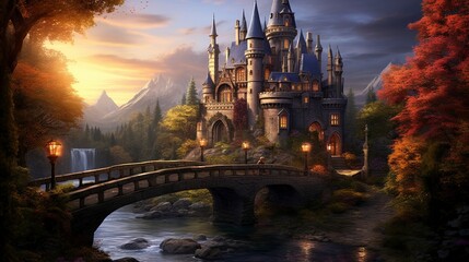 Enchanted Castle: Twilight over the Magical Realm - obrazy, fototapety, plakaty