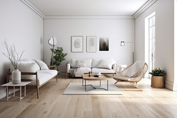 Naklejka na ściany i meble Living room with white walls, wooden floor, and wooden side table