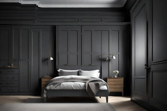 modern shaker master bedroom wardrobe, vray style, neoclassical simplicity, contrasting light and shadow, helene knoop, wood, dark gray, classic modern
