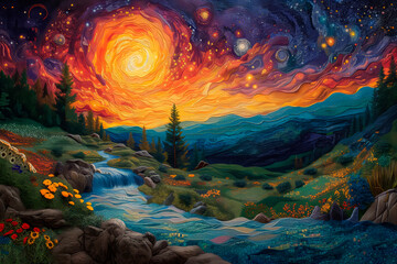 Fototapeta na wymiar A vibrant view of the universe's birth from Genesis, with light dividing darkness, celestial spheres forming, and the first life blossoming in divine splendor.