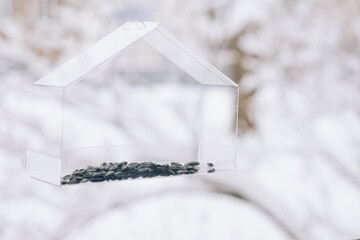 empty transparent bird feeder with seeds on the window, against a background of snow, close-up