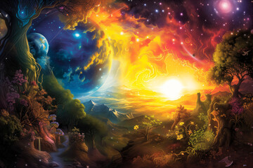 A vibrant view of the universe's birth from Genesis, with light dividing darkness, celestial spheres forming, and the first life blossoming in divine splendor.