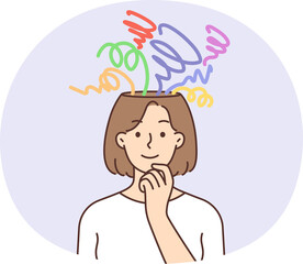 Chaos in girl head and hurricane of thoughts. Uncertainty about mental health. Inspiration, idea concept. Psychology and emotions, awareness.