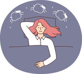 Sleeping woman vector illustration. Cute sleepy girl lying in the bed under soft duvet, having a good dream. Dream cloud with sheep. Sleep tight, sweet dreams, fast asleep concept for web.