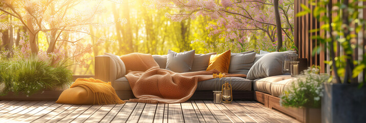 Cozy wooden terrace with rustic wooden furniture, soft pillows and blankets. Charming sunny evening in spring garden with blossoming trees.