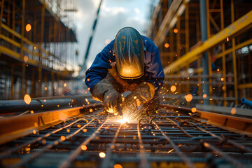 An experienced veteran welder at a construction site, welding metal pieces on a metal structure. - obrazy, fototapety, plakaty