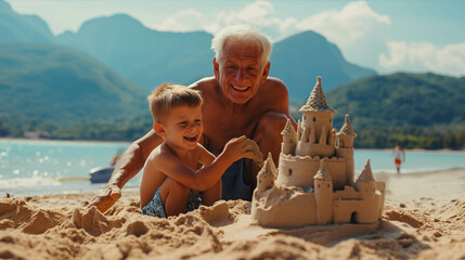 Caucasian grandfather and grandson build sand on the beach.
