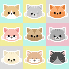 Fototapeta premium Cute and smile cat heads vector set. Happy cat faces character design of different cat