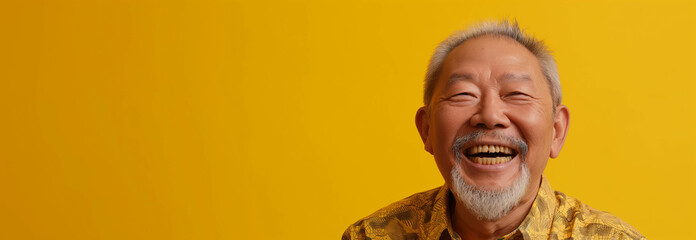 Asian elderly man on a yellow background.