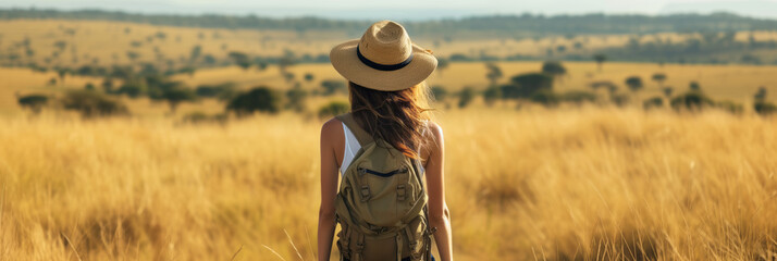 Back view of solo woman traveler on safari in Africa. Exploring African nature, watching animals in the savannah. Adventure and wildlife exploration. - obrazy, fototapety, plakaty