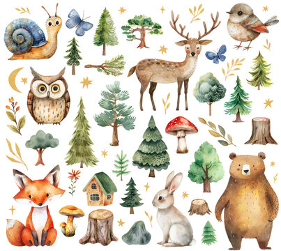 Clip art set with forest, animals, mushrooms and trees painted in watercolor, isolated background.