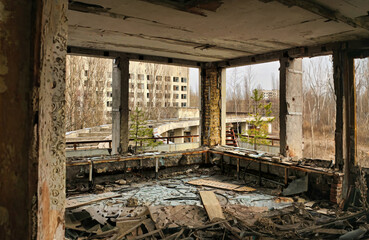 The interior of some abandoned buildings destroyed by time, in the exclusion zone of the city of...