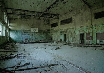 The interior of some abandoned buildings destroyed by time, in the exclusion zone of the city of...