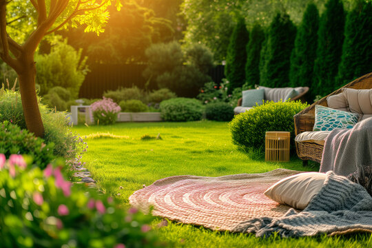 Cozy green garden lawn with wooden furniture, soft colorful pillows and blankets, sunshade and flowering plants. Charming sunny evening in summer garden.