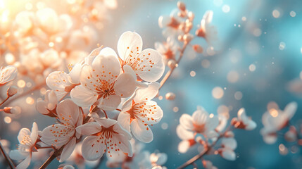 Branch with blooming white flowers of a fruit tree in spring with copy space