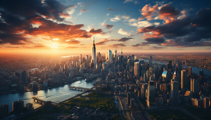 Fototapeta na wymiar Skyscrapers illuminate city skyline at sunset, reflecting on water generated by AI
