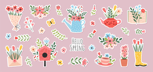Set of spring hand drawn decorative stickers. Flowers, branches, bouquets, watering can, teapot, birdhouse. Spring holidays. Perfect for Valentine's Day, Women's Day, Easter, Mother's Day. - obrazy, fototapety, plakaty