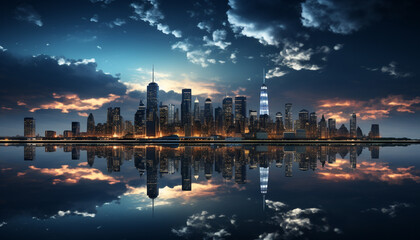 Fototapeta na wymiar Bright skyline reflects on water, illuminating cityscape generated by AI