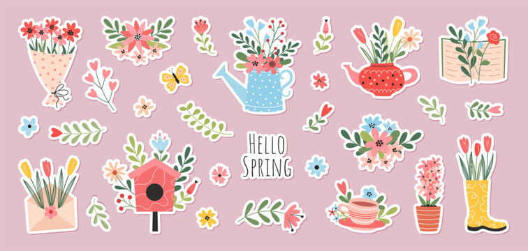 Set of spring hand drawn decorative stickers. Flowers, branches, bouquets, watering can, teapot, birdhouse. Spring holidays. Perfect for Valentine's Day, Women's Day, Easter, Mother's Day.
