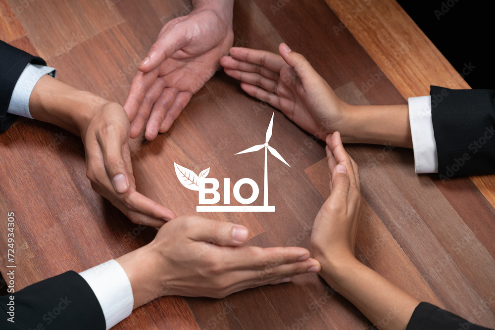 Wall mural Top view group of business people forming circle hand together around eco-friendly bio fuel icon on meeting table. Alternative energy with Bio technology for greener and sustainable future. Quaint