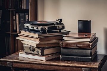Stack of books on the desk, with a turntable in the backdrop. notion of leisure time relaxation