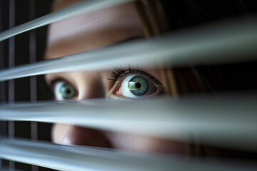 Terrified woman looking through window blinds outside. Privacy and intrusion concepts.