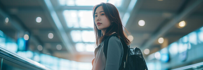 Asian female tourist walking at airport passenger building.