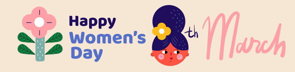 Vector bright colourful banner with woman's face for the holiday Women's day. Character design for 8th march, women's day.