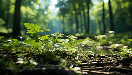 Green leaves in a forest, nature vibrant beauty generated by AI - obrazy, fototapety, plakaty