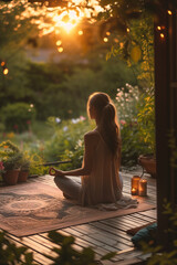 Young woman practicing breathing yoga pranayama outdoors on wooden terrace surrounded with candles, on early morning. Unity with nature concept. - obrazy, fototapety, plakaty