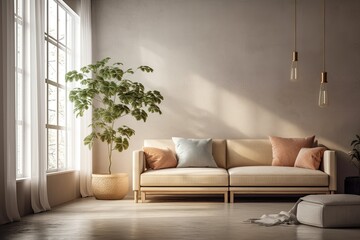Apartment interior with sofa and window in the living room used as blank space for a text regarding maintenance or building