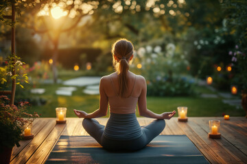 Young woman practicing breathing yoga pranayama outdoors on wooden terrace surrounded with candles, on early morning. Unity with nature concept.