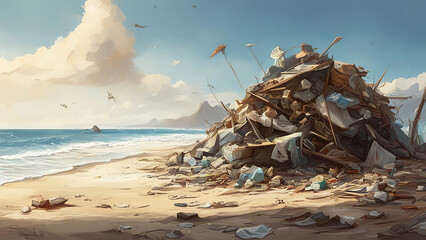 A mountain of garbage collected on the shore of a sandy beach. - obrazy, fototapety, plakaty