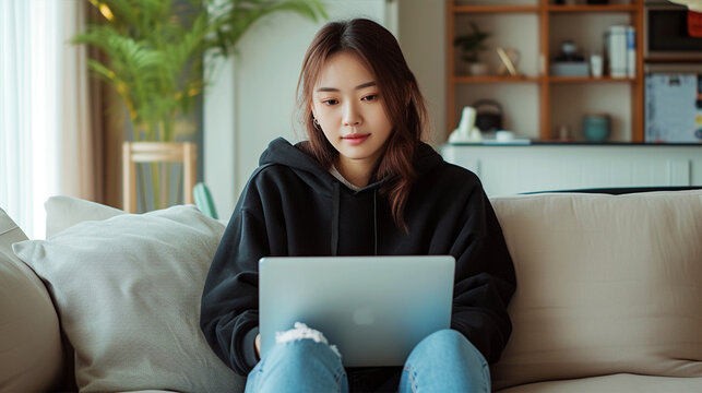 Korean female blogger with an attractive and smart look, wearing a black hoodie and jeans, sitting on a couch with a MacBook on her knees, working