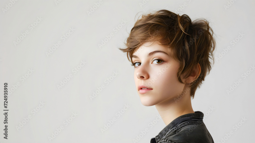 Wall mural a young woman with the pixie cut hairstyle isolated on the white background with copy space - Wall murals