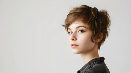 A young woman with the pixie cut hairstyle isolated on the white background with copy space - obrazy, fototapety, plakaty