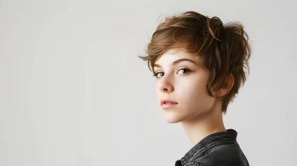 Fototapeten A young woman with the pixie cut hairstyle isolated on the white background with copy space © HillTract
