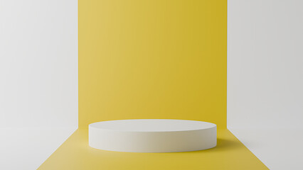 Set of white realistic 3d cylinder pedestal podium with yellow perspective rectangle background. Abstract vector rendering for product display presentation. Pastel minimal scene.
