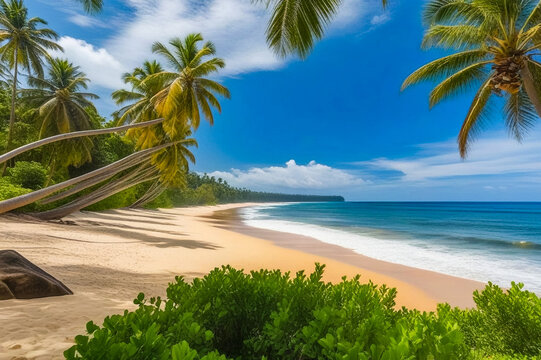 Background tropical nature landscape with sandy beach, palm trees on amazing seascape, Indian ocean on coastline, Sri Lanka. Summer vacation travel concept. Wallpaper of tropic sea. Copy text space