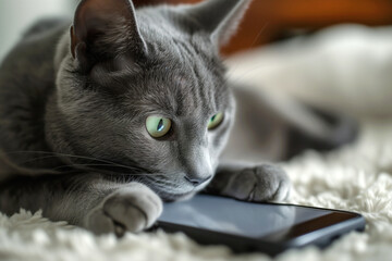 Smart modern cat using it's phone to play games and watch videos on social media. Pet animal addicted to modern technology.
