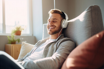 Photo image of a happy smiling person listening to relaxing calm classical music indoors created with generative AI