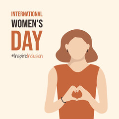 Woman fold her hands with heart for IWD postcard. Inspire Inclusion International Women's Day 2024 poster. Minimalist greeting card with InspireInclusion slogan and beautiful girl for print